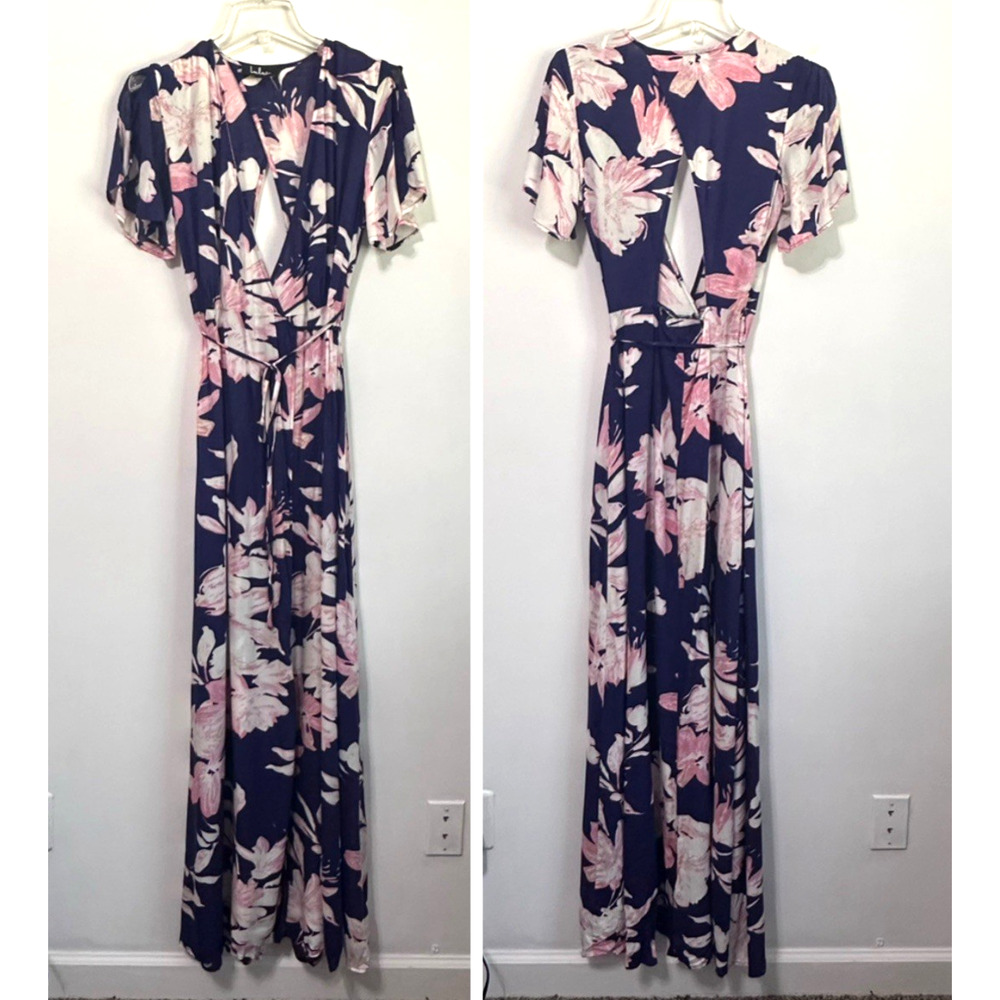 Lulus Azalea Regalia Maxi Wrap Dress S Blue Pink Tie Waist Summer Party Tropical